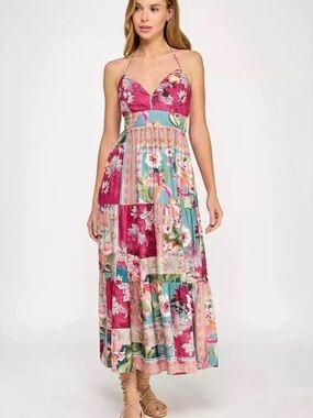 Katia Boho Patchwork Maxi Dress in Rose, Pink, floral Print